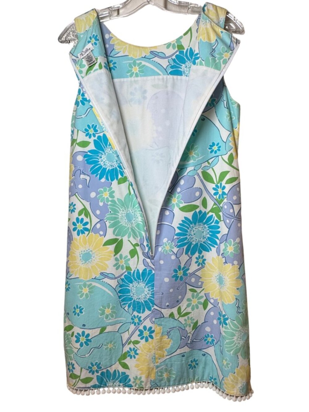 Lilly Pulitzer Bright Whale Floral Summer Print Shift Dress Pom Pom Trim Size 10 - Picture 5 of 10
